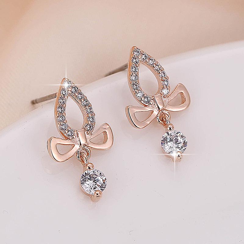 2021 Korean Bow Stud Earrings with Rhinestone Water Drops