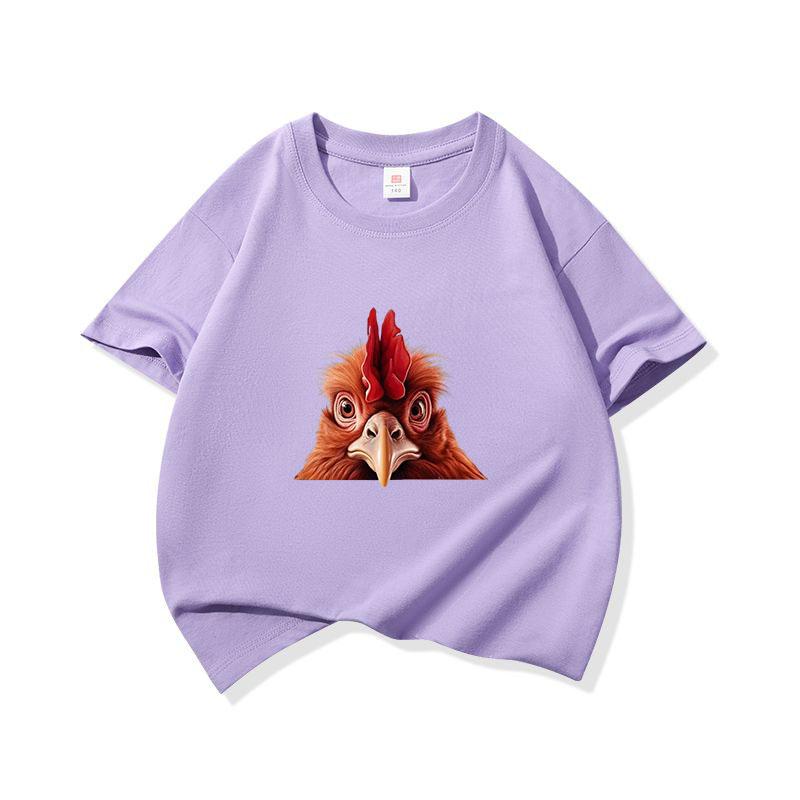 Kids Cotton T Shirt Cute Peeking Chicken Print Crew Neck Short Sleeve Tee Casual Breathable Boys Girls Summer Tops