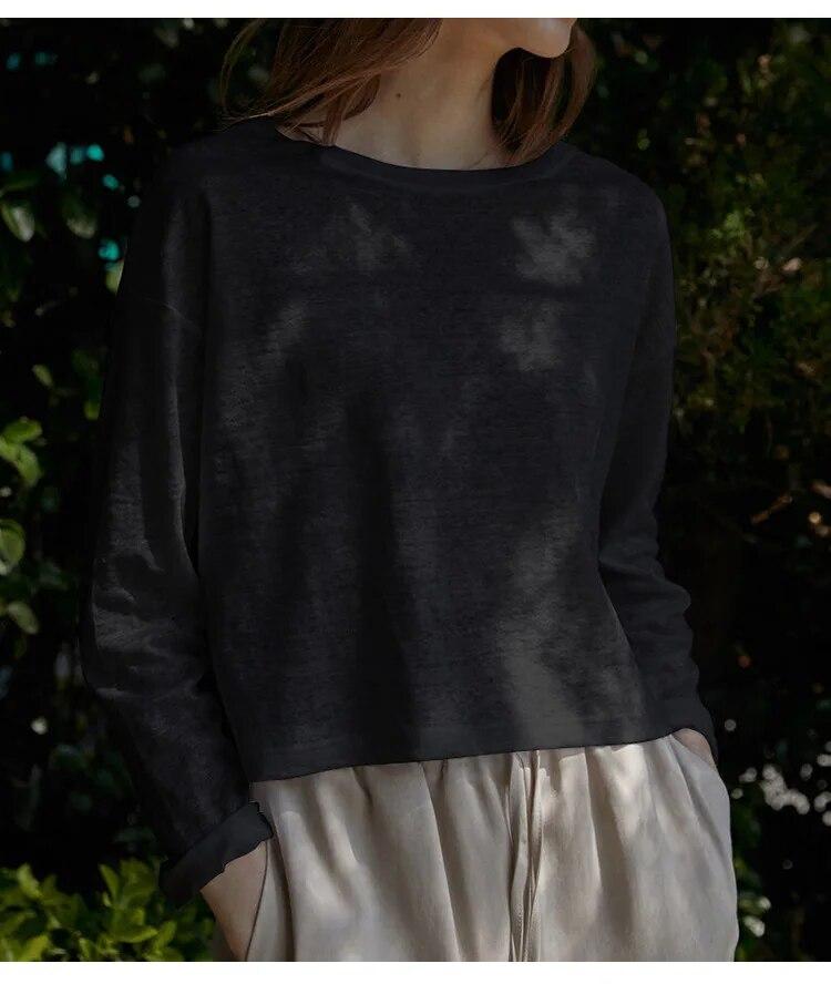 Johnature Spring Summer Long Sleeve T-Shirt Women Slouchy Cropped Underneath Simple Crewneck Thin Casual Tops