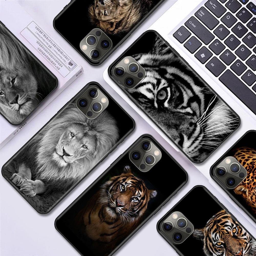 Phone Case for Apple iPhone 14 15 11 12 13 Pro Max XR X 7 8 Plus XS Black Soft Cover SE 2020 Coque Lion Tiger Animal Bumper
