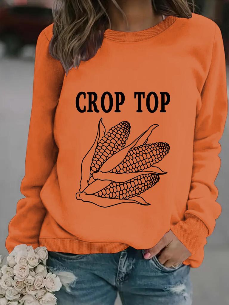 Autumn/Winter Women's Casual Long-Sleeve Corn Print Crop Sweatshirt