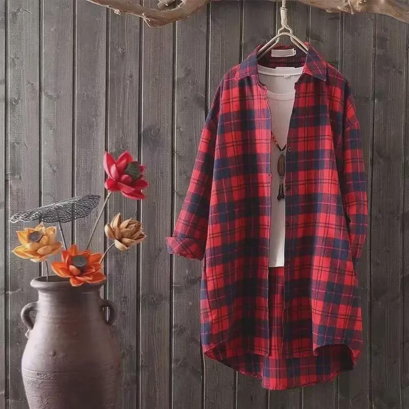 Women's Loose Fit Long Sleeve Plaid Shirt - Sun Protection, Mid-Length, Plus Size, Black/White, Spring/Autumn Design