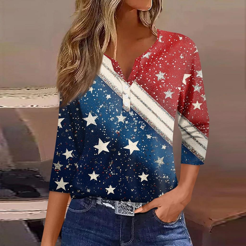 Women's T Shirt Tee Independence Day Printed Button 3/4 Sleeve Tunic Daily Weekend Fashion Basic V- Neck Regular Top