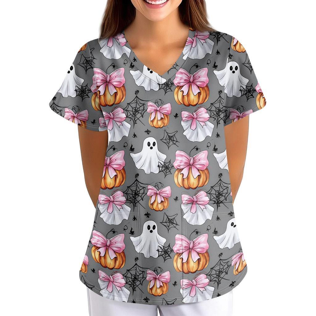 Women's Halloween Print Loose Fit V Neck Short Sleeve Medical Scrub Top with Pockets for Healthcare Professionals Comfortable Workwear