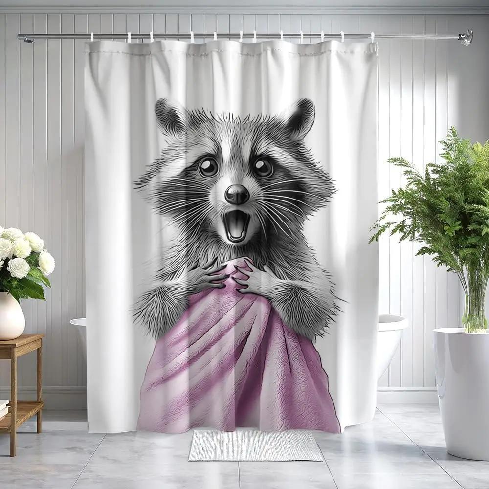 Lustiger Waschbär beim Baden Aufdruck Duschvorhang Graues Tierkunstwerk Für Niedliche Moderne Badezimmerdekoration