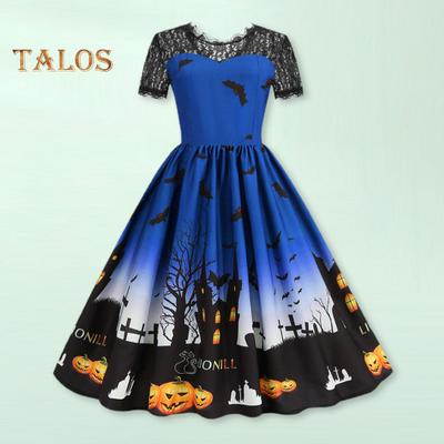 Damen Halloween Partykleid Aushöhlen Spitze Rundhals Retro A-Linie Großer Saum Spukhaus Fledermaus Bedruckt Kurze Ärmel Cosplay Abendkleid