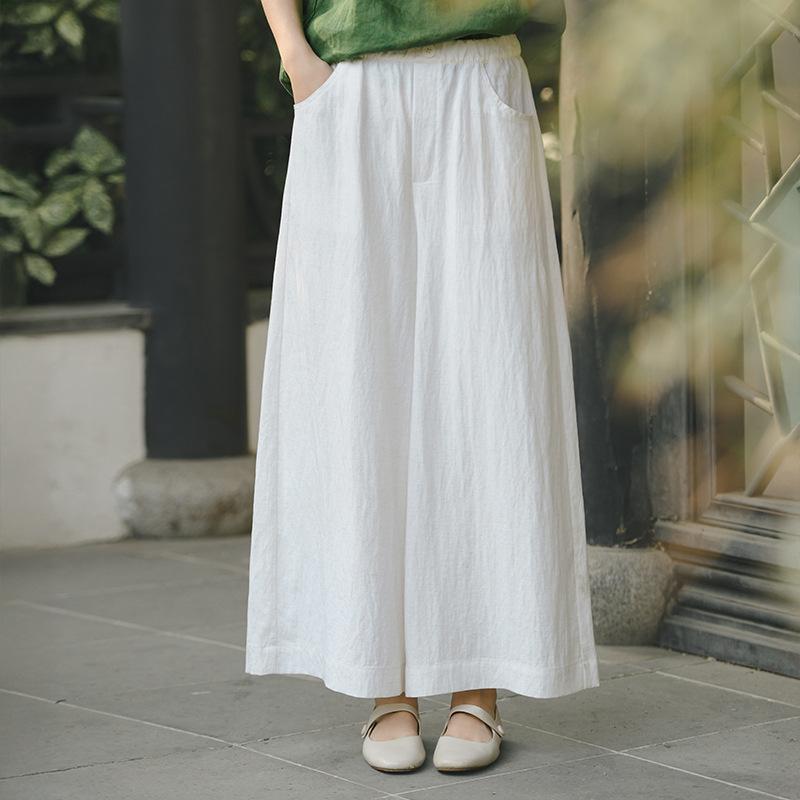 Johnature Women Vintage Wide Leg Pants Summer Chinese Style Elastic Waist Solid Color Trousers Loose Casual Pants