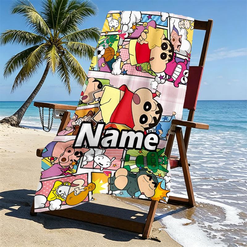 Custom Name Personalized Crayon Shin Print Beach Towel, for Trip Camping Beach Party Home Decor, Birthday Gift for Family & Friends