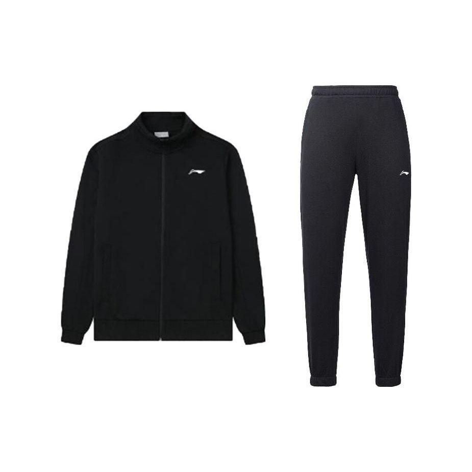 Li-Ning Solid Color Stand Collar Jacket Breathable Cuffed Sweatpants Casual Sports Suit Men suit Black AWDT609-1+AKLT805-1