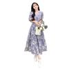 Summer 2025 Purple Floral Chiffon Dress: Gentle Puff Sleeve, Round Neck, Fitted Waist, Tea Length