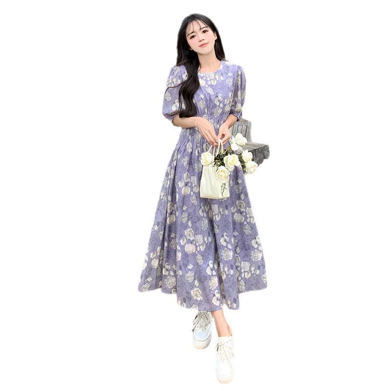 Summer 2025 Purple Floral Chiffon Dress: Gentle Puff Sleeve, Round Neck, Fitted Waist, Tea Length