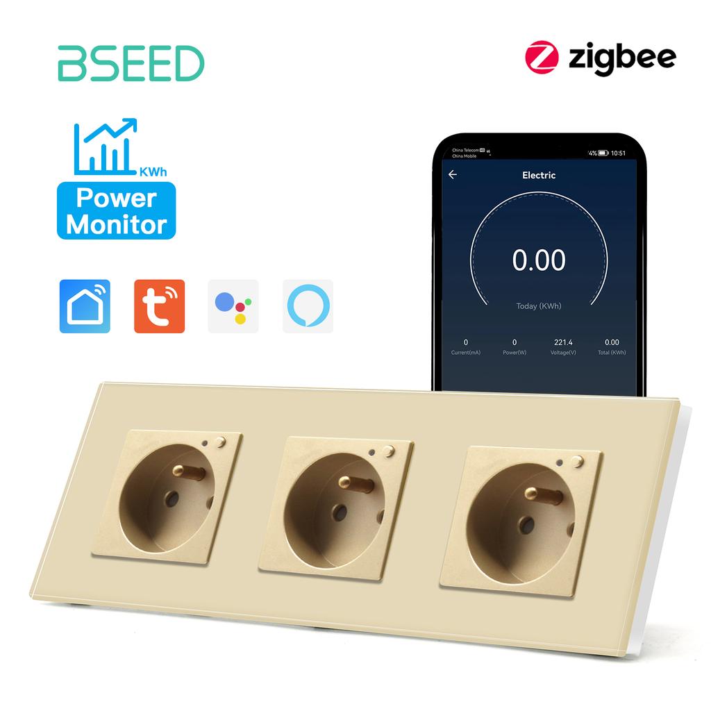 BSEED French Zigbee Socket Wall Smart Sockets Power Monitor Function Tuya Smart Life Google Alexa Voice Control Glass Panel 16A