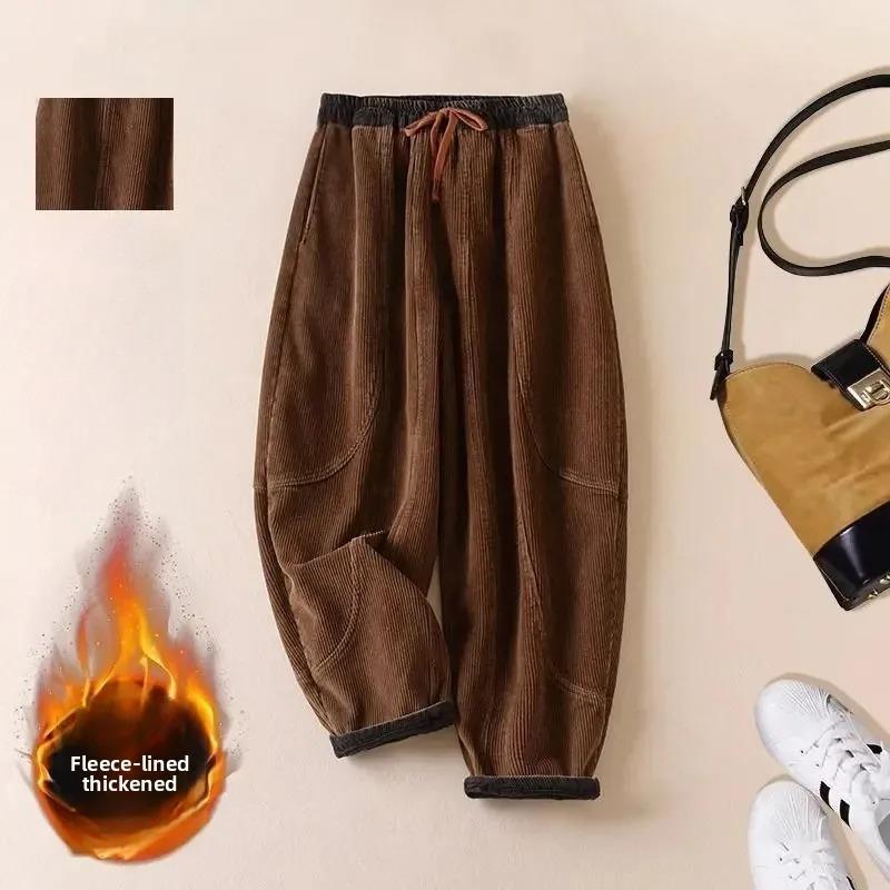 

Ретро Вельветовые Утепленные Флисом Женские Повседневные Брюки Харлан Осень Зима Свободные Стройнящие Художественные Повседневные Теплые Брюки 4XL кофейный