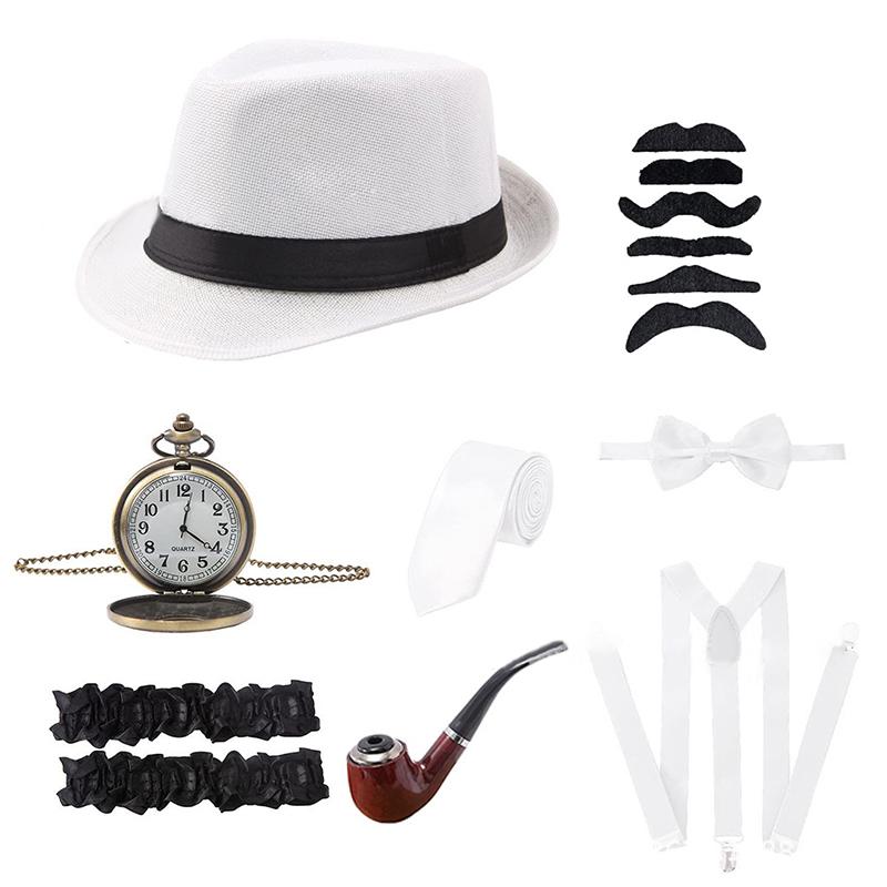 1Set 1920's Cosplay Costume Hat Pocket Watch Neck Tie Moustache Bowtie Gatsby Masquerade Accessories