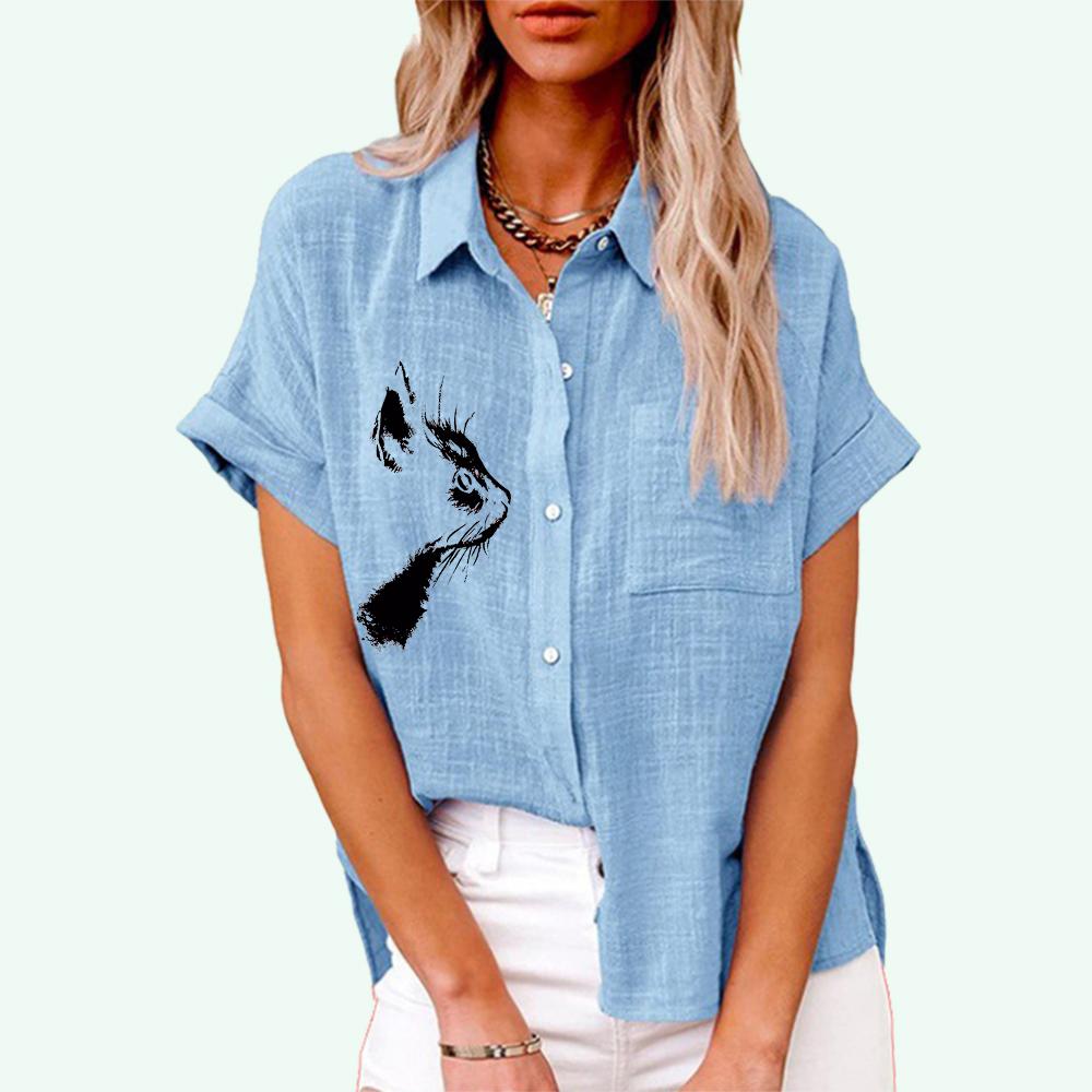

Лето и осень модный топ с лацканами для женщин футболка с короткими рукавами и принтом кота повседневные льняные блузки с карманами 5XL светло-синий