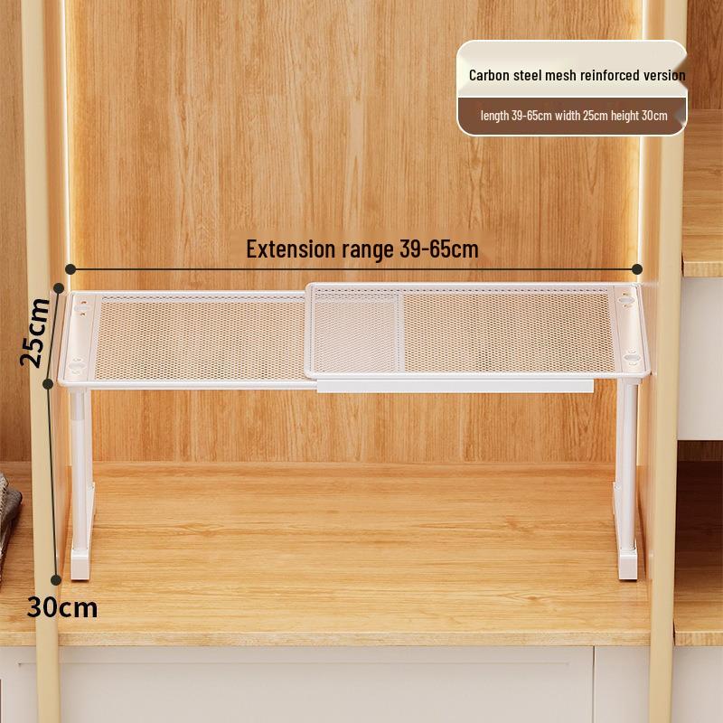 Punch-Free Retractable Kitchen Cabinet Organizer: Iron Art Grid Shelf & Stackable Wardrobe Partition.