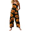 Women's Sleeveless Jumpsuit Cotton Halloween Print Casual Loose Fit Overalls Wide Leg Romper with Adjustable Straps and Pockets