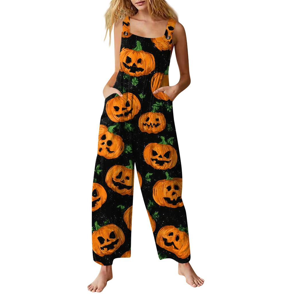 Women's Sleeveless Jumpsuit Cotton Halloween Print Casual Loose Fit Overalls Wide Leg Romper with Adjustable Straps and Pockets