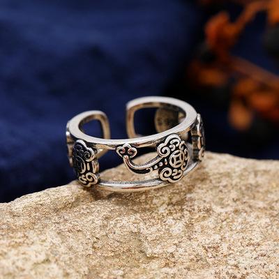 1Pcs Chinese retro style diamond-shaped hollow ring, peacock cloud motif, simple opening ring