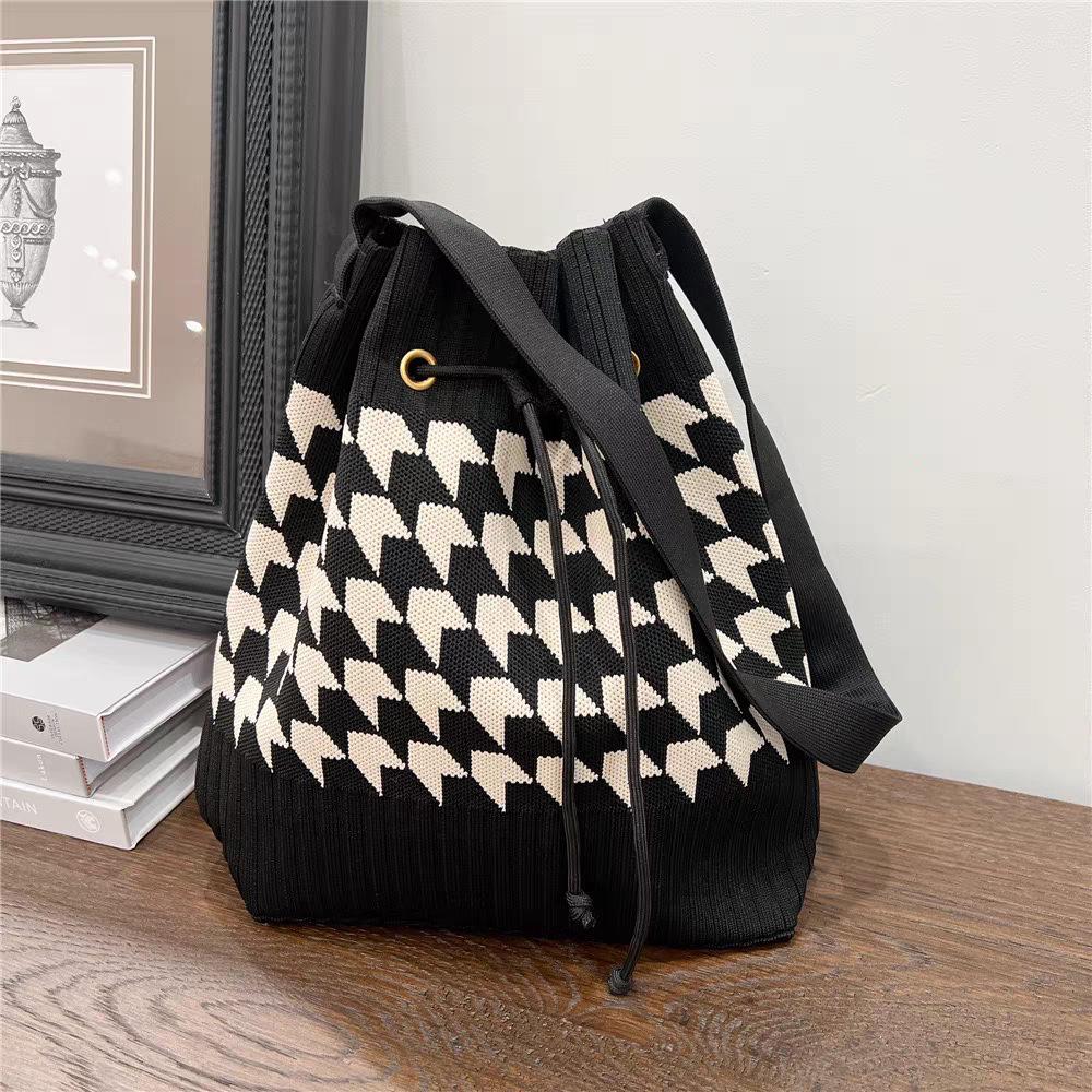 Korean Style Knit Shoulder Bag with Drawstring & Magnetic Snap - Versatile, Large Capacity Tote for Women