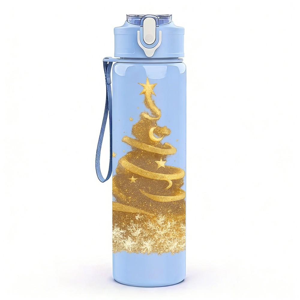 1PC Golden Glitter Christmas Tree Print 750ml Color Plastic Sports Water Bottle Leakproof Flip Straw Lid Suitable for Sports Office Home Use