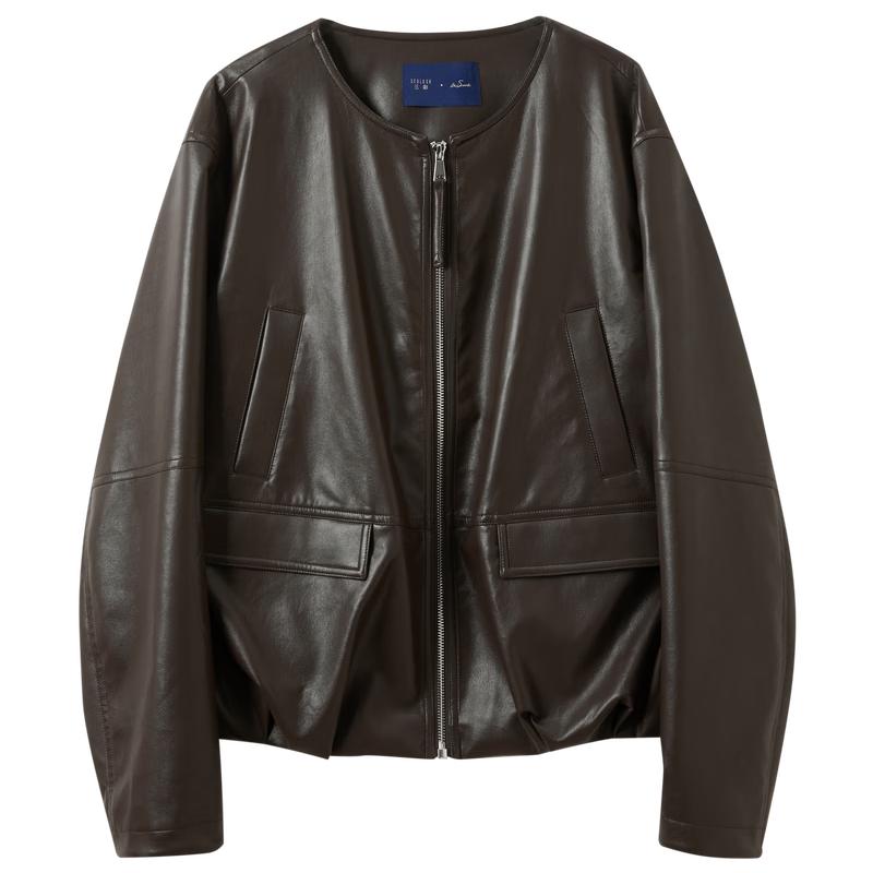 Sancai 2026 Spring Women s Loose Fit Round Neck PU Leather Jacket M