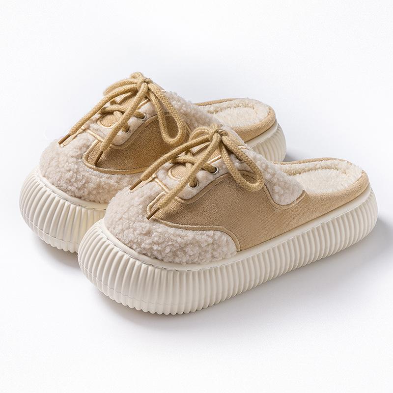 

Autumn and winter elastic shoelaces cotton slippers warm and velvet thick-soled indoor hair slippers size 40-41 [shoes are 1-2 sizes smaller]