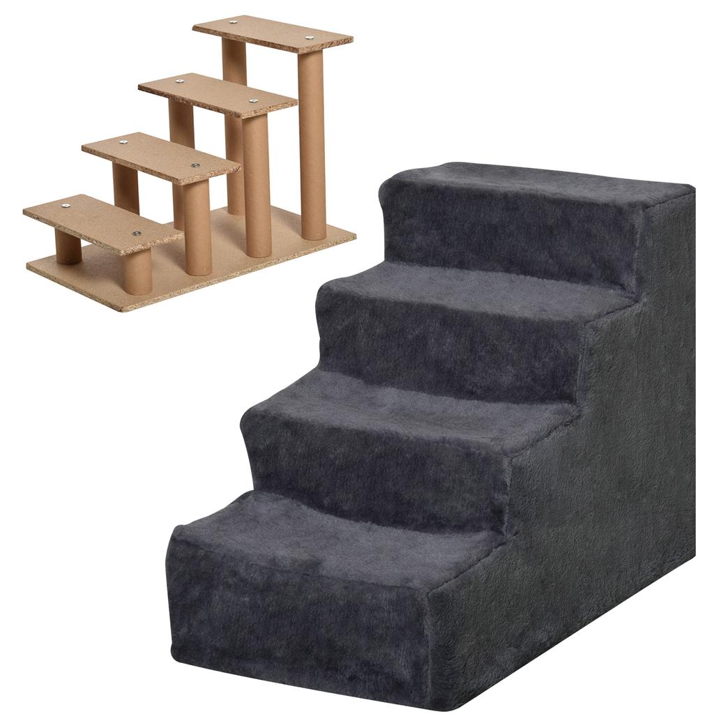 Portable 4-Step Dog Ladder, Removable Velvet Fabric and Wood, 60x35x44 cm, Dark Grey