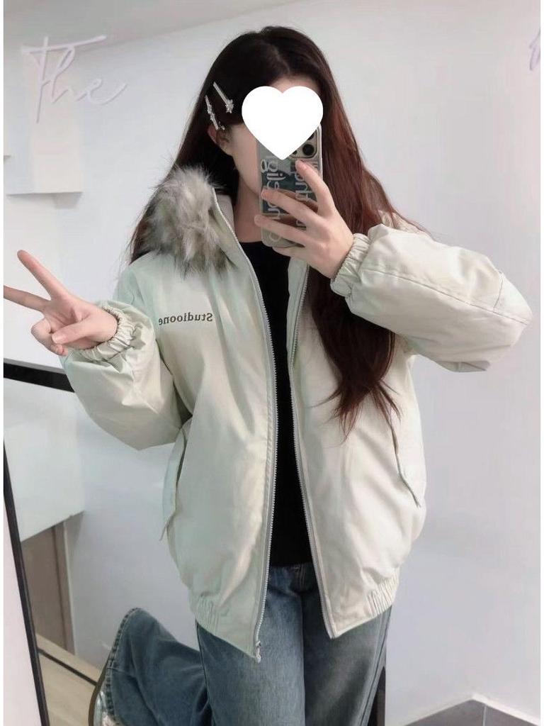 Mint Green Retro Fur Collar Parka - Thick Winter Coat for Women, Students, and Couples