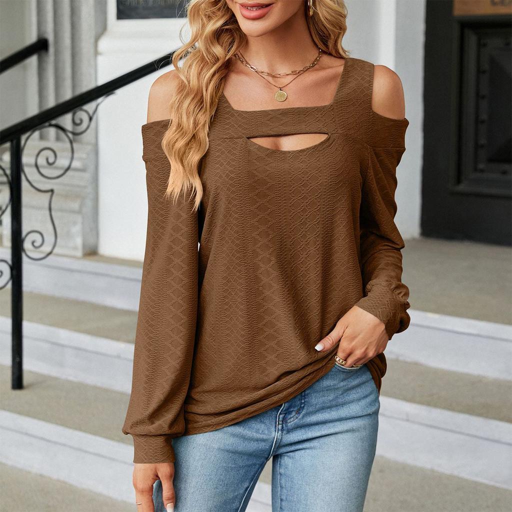 Women's Fashionable Color Loose Round Neck Long Sleeved Off Shoulder Pullover T-shirt Top