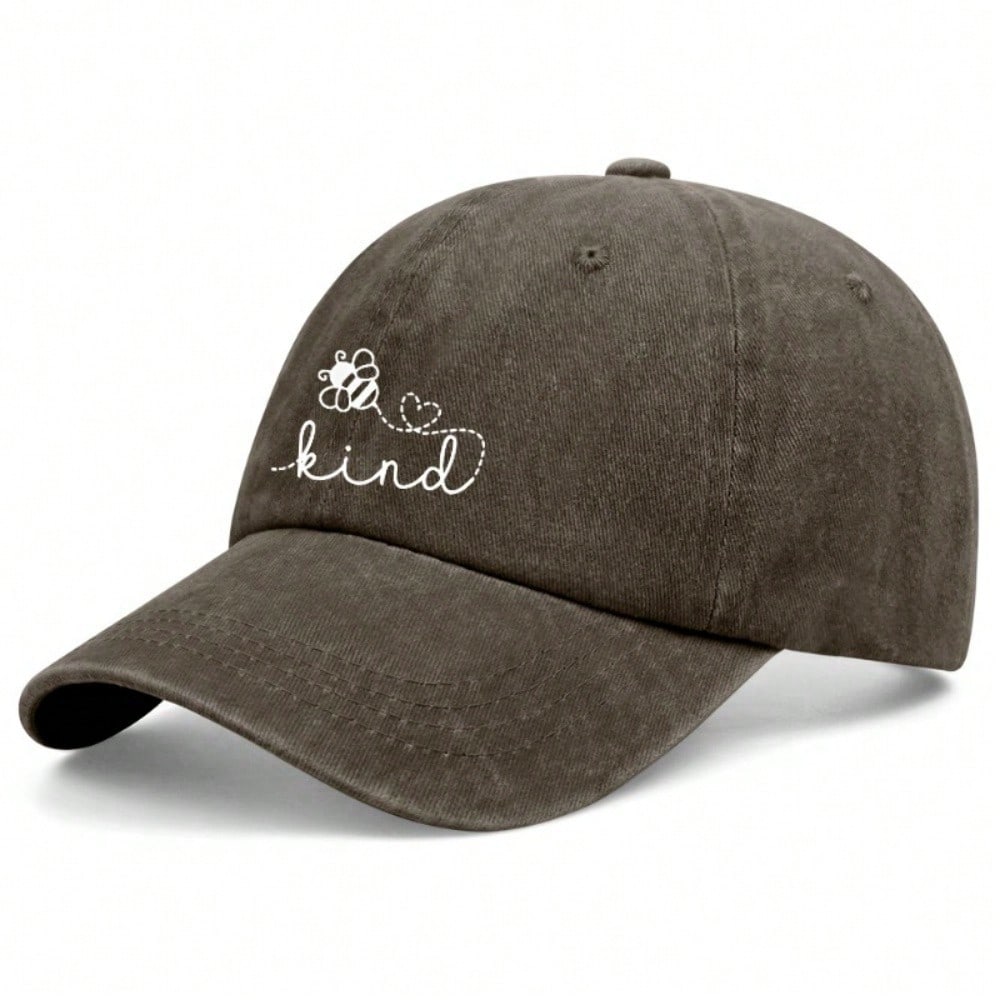 [Cute Bee Baseball Cap] Inspirational "Kind" Letter Print Polyester Adjustable Breathable Casual Outdoor Sports Dad Hat For Women Men