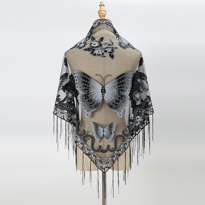 Luxury Flower Lace Hollow Scarf Butterfly Print Tassel Triangle Shawl Wraps Polyester Mesh Scarves Bridal