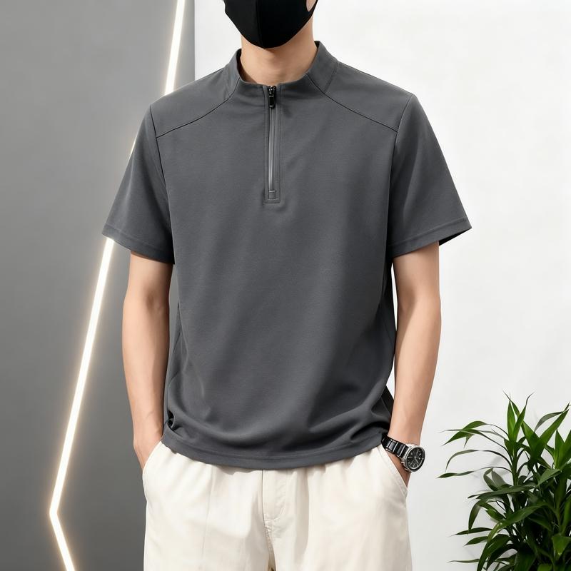 Men's Half Zip Short Sleeve Polo - Casual Stand Collar T-Shirt