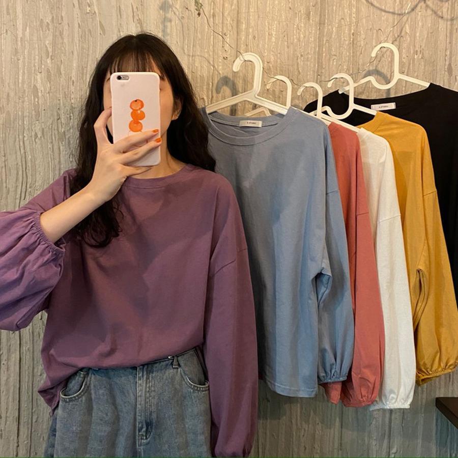 New Autumn Korean Style Loose Fit Long Sleeve T-Shirt for Women, Solid Color Base Top