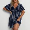 Mode Kurzarm Gestreift V-Ausschnitt Große Größe Kleid Elegante Damen Hohe Taille Lose Lässig A-Linie Party Kurzes Böhmisches Kleid Weibliche Damenbekleidung