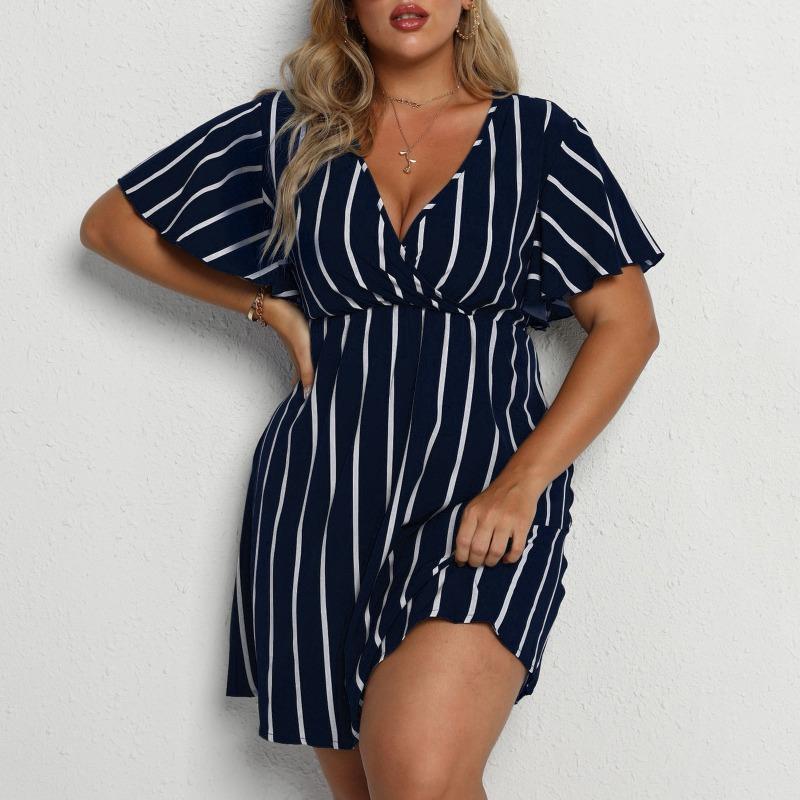 Mode Kurzarm Gestreift V-Ausschnitt Große Größe Kleid Elegante Damen Hohe Taille Lose Lässig A-Linie Party Kurzes Böhmisches Kleid Weibliche Damenbekleidung