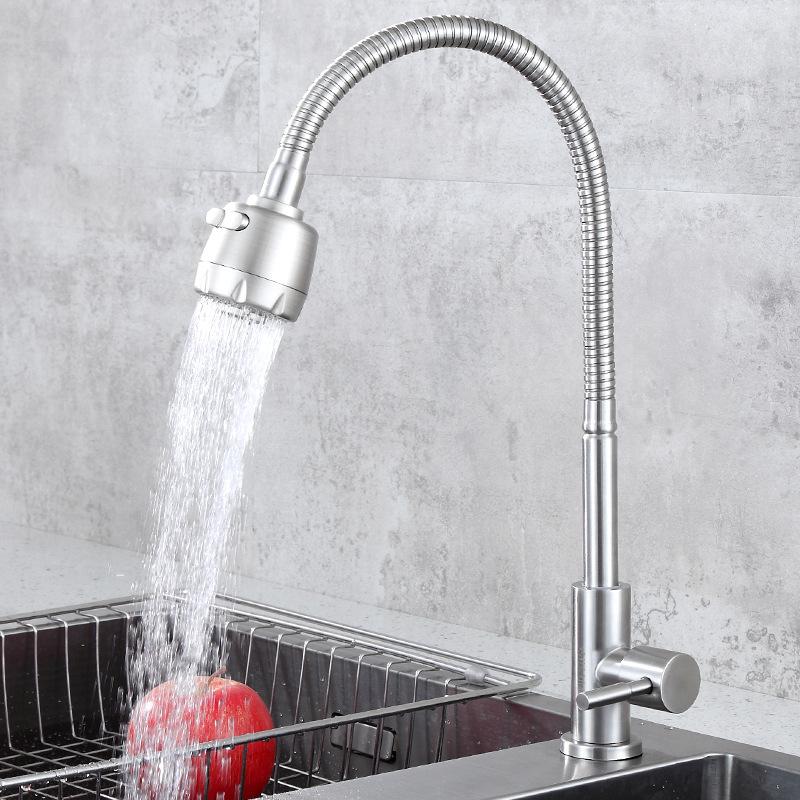 Modern 304 Stainless Steel Single Cold Water Kitchen Faucet with Flexible 360 Swivel Spout Anti-splash Design Brushed Finish