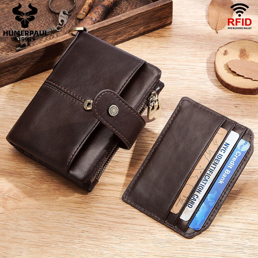 Humerpaul Men Wallet Genuine Leather RFID Bank Card Holder Short Men Wallets Hasp Zipper Purse