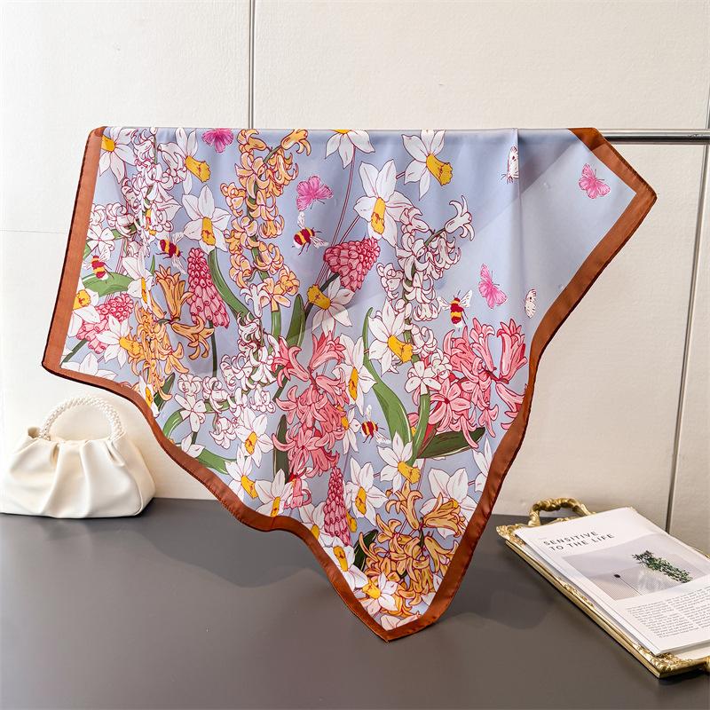 

70Cm Summer Butterfly Floral Square Scarf Soft Satin Silk Boho Beach Vacation Bandana for Women Neck Hair Headband Bag Accessory 70X70CM