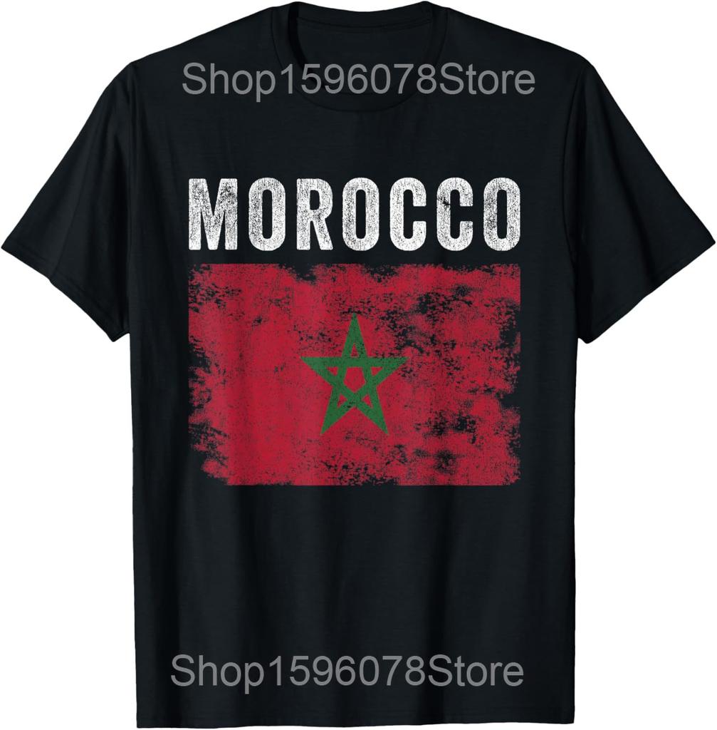 Morocco Flag Distressed Unisex Women Moroccan Flag T Shirts Cotton Humor Streetwear Tee Short Sleeve Unisex Loose Clothing