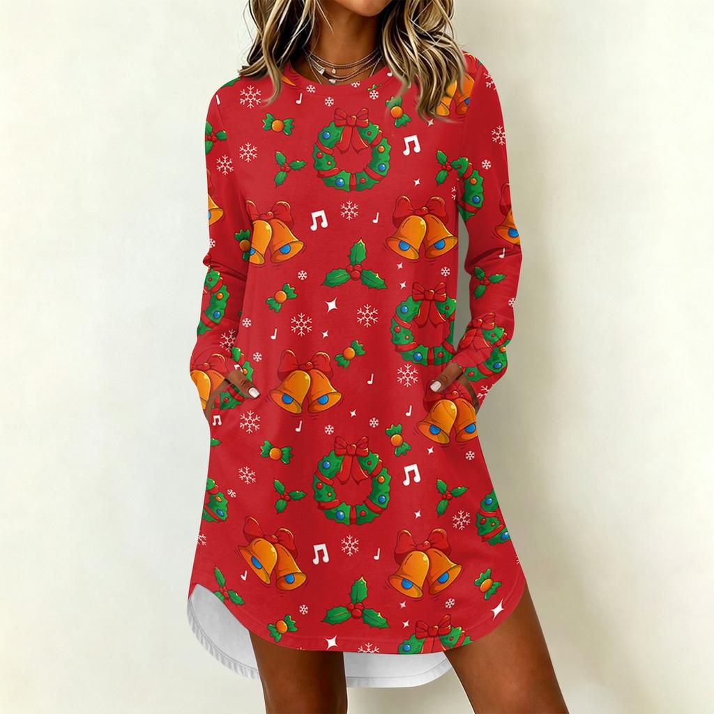 Women's Trendy Casual Christmas Print Long Sleeve Neck Dress for Holiday Party