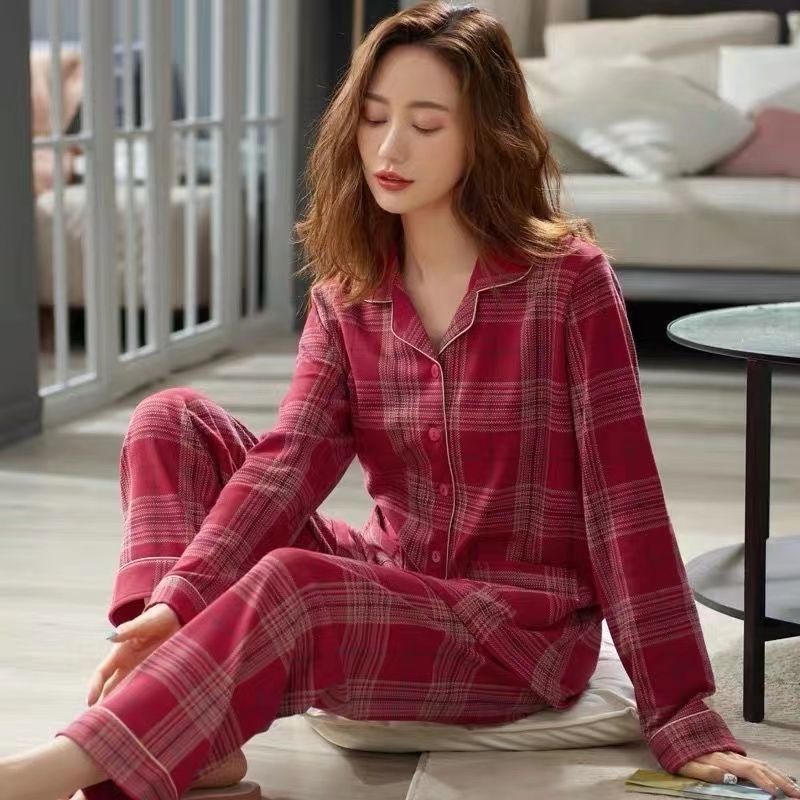 Spring and Autumn Pajamas Women's Pure Cotton Long-sleeved Women's Middle-aged Mother Cardigan Lapel Thin Loungewear Set