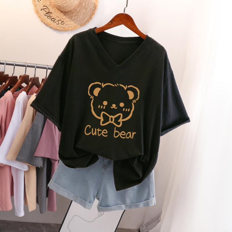 Kurzärmeliges T-Shirt für Damen Große Größe Lockeres und Schlankmachendes Design Nische Reine Baumwolle V-Ausschnitt Oberteil, das den Bauch bedeckt