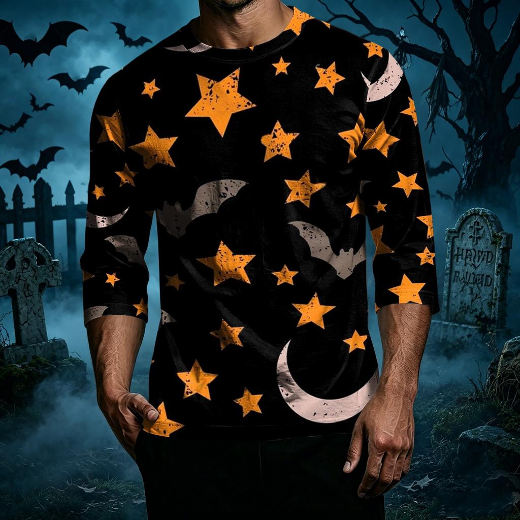 Men Casual Halloween Print Raglan Sleeve T Shirt Crew Neck Three Quarter Sleeve Top for Everyday Wear
