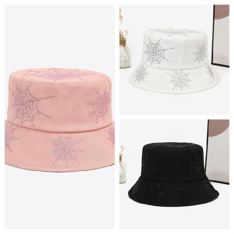 Rhinestones Spiders Web Patterned Fisherman Hat Protective Lightweight Polyester Wide Bill Hat for Women