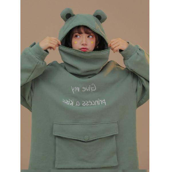 

Женская весна и осень с бархатной толстовкой с капюшоном Super Cute Frog Design Hoodie