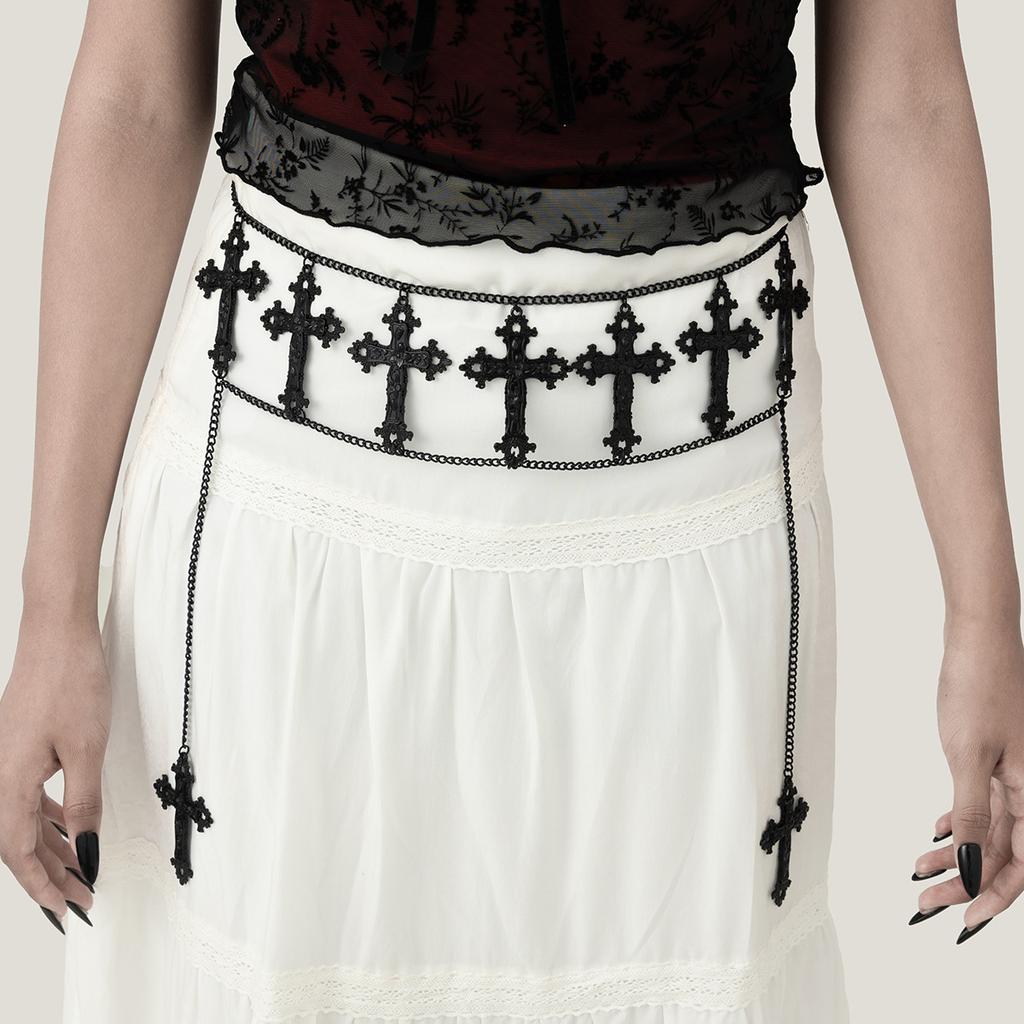 Gothic Halloween Cross Pendant Waist Chain, Punk Dark Metal Chain Body Chain