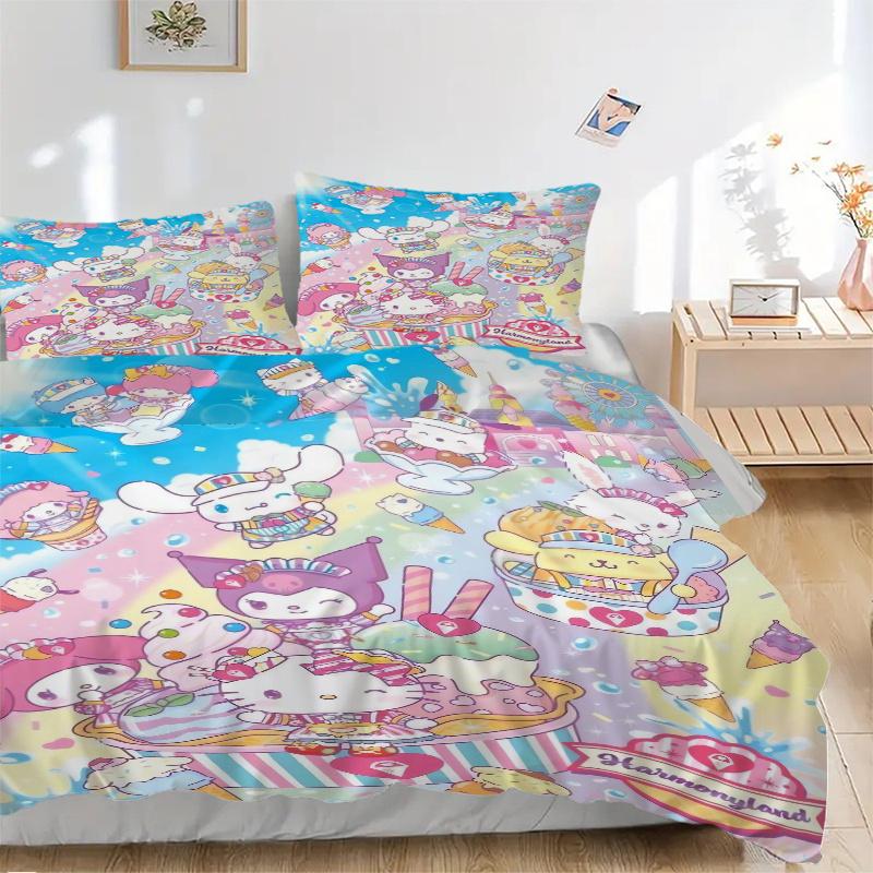 

3pcs Kuromi My Melody Hello Kitty Quilt Set Cartoon Themed Bed Quilt Set Lovely Character Bedroom Decor Bed Quilt Set Four Seasons (1 Cover + 2Pi 135x200cm