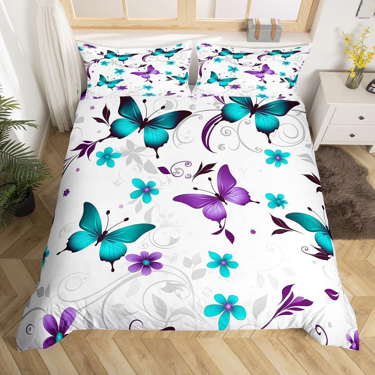 

Comforter Teal Purple Butterfly Queen King Size Floral Boho Decor Aesthetic Mandala Bedding Butterfly Print Set 3 Pcs Comforter (quilt)-EU Single(135*200cm)3pcs