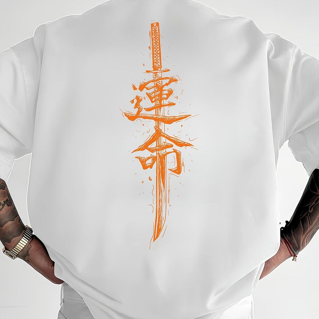 Mens Short Sleeved Tshirt with Japanese Samurai Sword Pattern Fashionable and Casual Round Neck Top for Spring and Summer